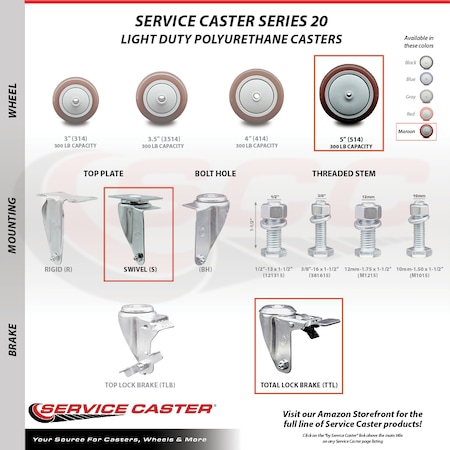 Service Caster Cambro Ultra Pan Carrier Swivel Caster with Brakes Replacement Set - SCC CAM-SCC-TTL20S514-PPUB-MRN-2-S-2